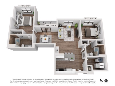 Floor plan for 2 beds, 2 baths, 1054 sqft